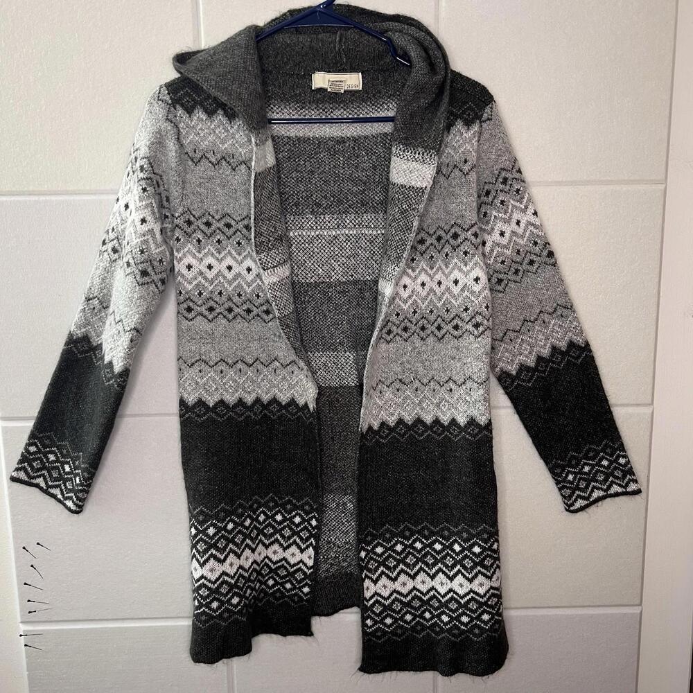 Women’s Tunic Length Cardigan Sweater With Hood Size L Large 12-14 Gray